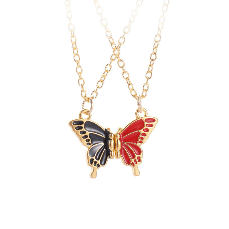 Color Enamel Butterfly Clavicle Necklace, Multi-Color Gold Border Minimal Pendant Necklace for Women