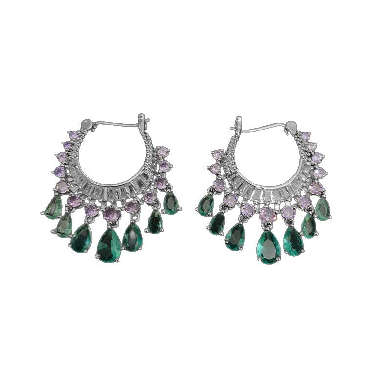 Heavy Craft Gem Crescent Teardrop Dangle Hoop Earrings, Full Paved Multi-Layer Tassel Click Hoop, Luxury Stage Banquet Formal Jewelry