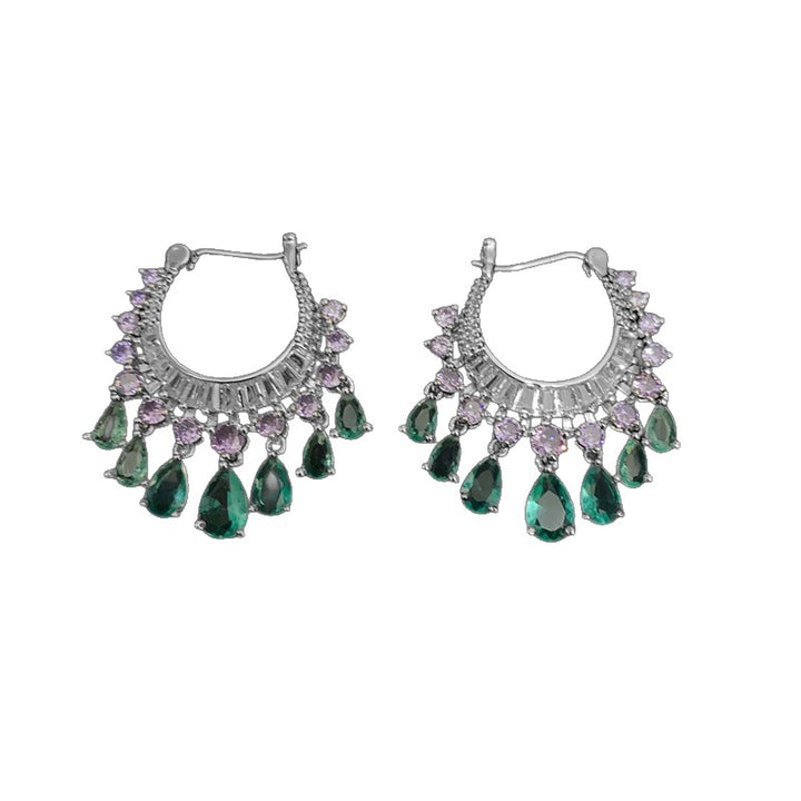 Heavy Craft Gem Crescent Teardrop Dangle Hoop Earrings, Full Paved Multi-Layer Tassel Click Hoop, Luxury Stage Banquet Formal Jewelry