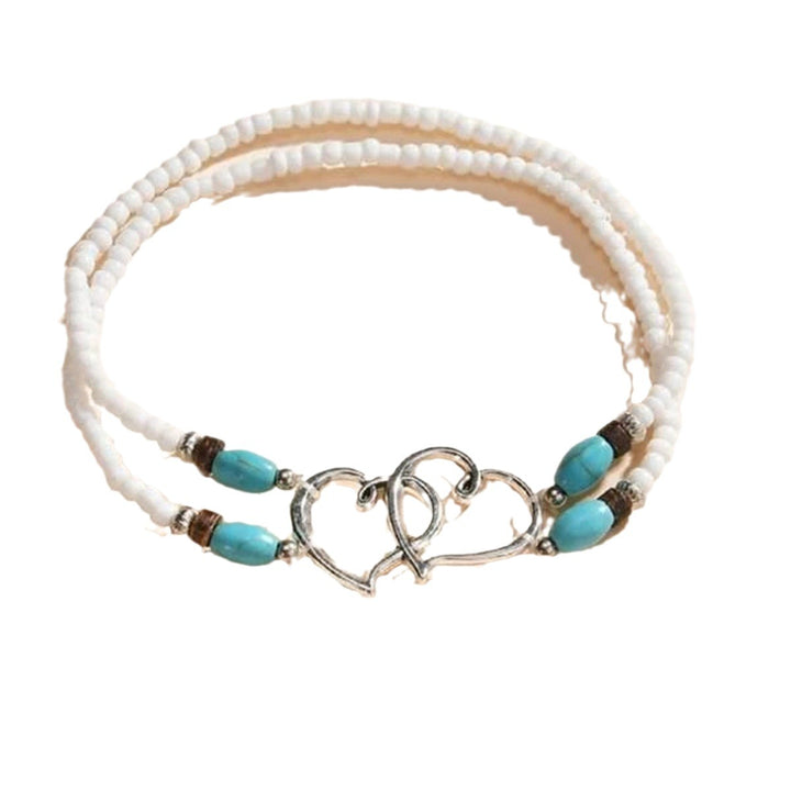 Boho Interlocked Double Heart Turquoise Beaded Anklet, Double Braided Rope Adjustable Summer Beach Foot Jewelry 3 Styles