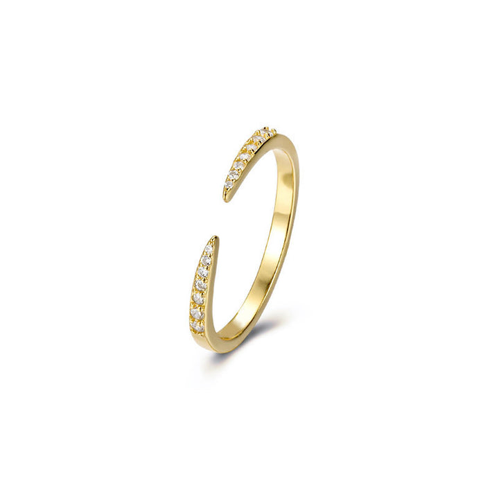 Dual Tip Paved Diamond Open Thin Ring, Minimal Micro-Paved Adjustable Geometric Line Band for Women