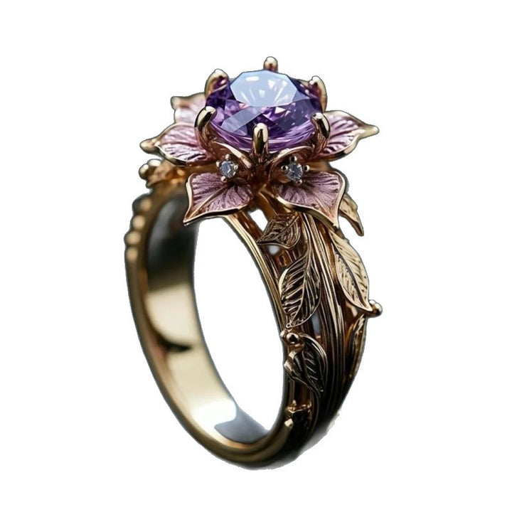 Amethyst Floral Relief Ring (Light Luxury Niche Vintage Band)