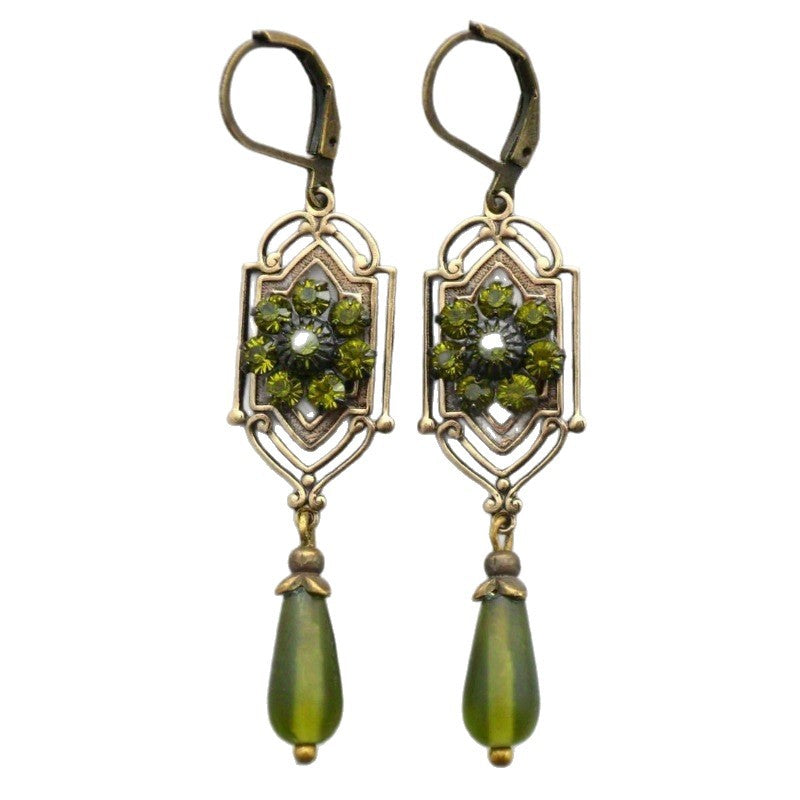 Vintage Bronze Hollow Green Diamond Teardrop Drop S925 Silver Leverback Earrings, European Classical Carved Long Dangle Earrings