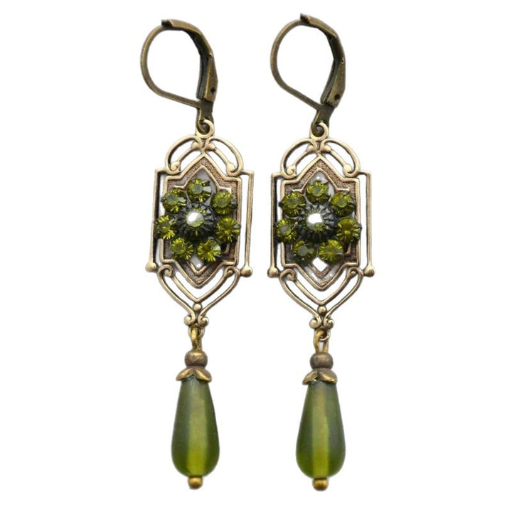 Vintage Bronze Hollow Green Diamond Teardrop Drop S925 Silver Leverback Earrings, European Classical Carved Long Dangle Earrings