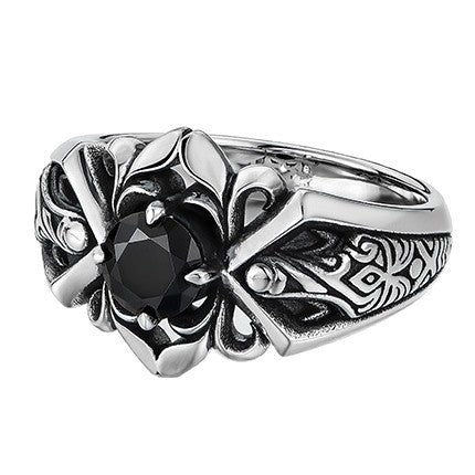 Vintage Lotus Cross Black Stone Ring (Gothic Dark Band)