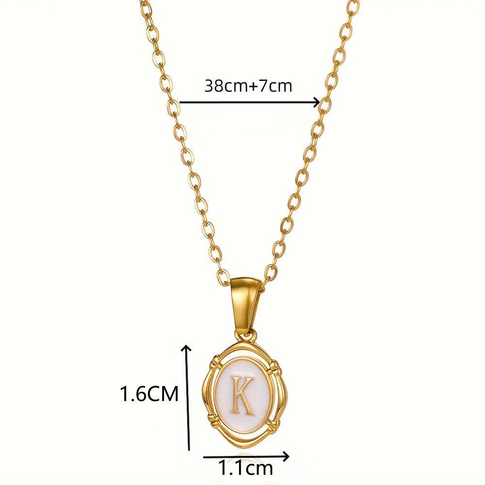 Oval Enamel Initial Letter Pendant Necklace, Vintage 26 Alphabet Choker