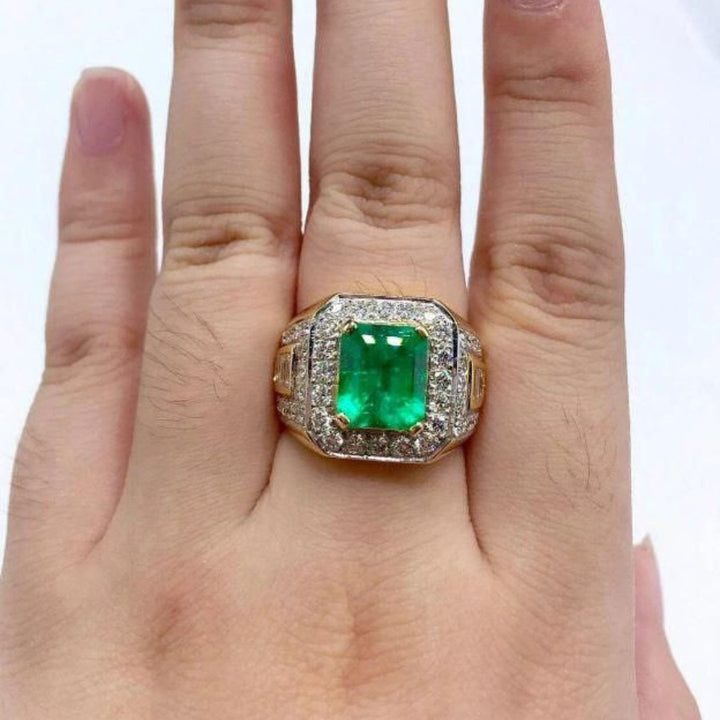 Men’s Square Green Center Stone Halo Bold Ring