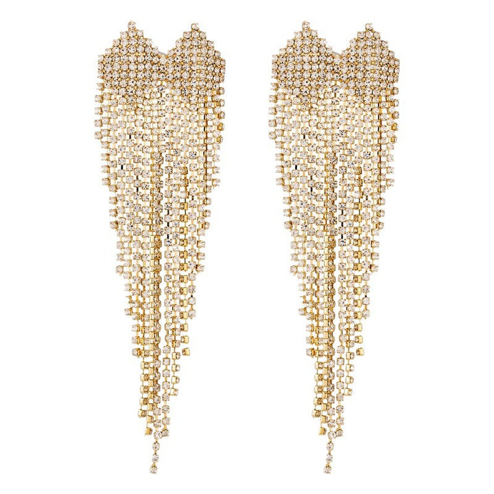 Full Pave Crystal Heart Chain Tassel Long Drop Earrings, Solid S925 Silver Gold & Silver Two-Tone Luxury Banquet Sparkling Jewelry