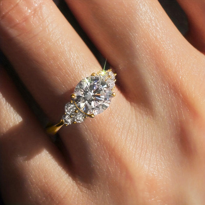 Four-Prong Round Center Stone Side Accent Engagement Ring, Solid S925 Silver Gold & Silver Two-Tone Luxury Promise Jewelry