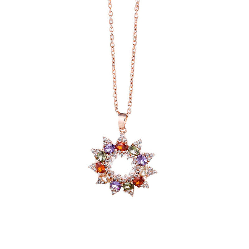 Multi-Color Gem Wreath Snowflake Rose Gold Pendant Necklace