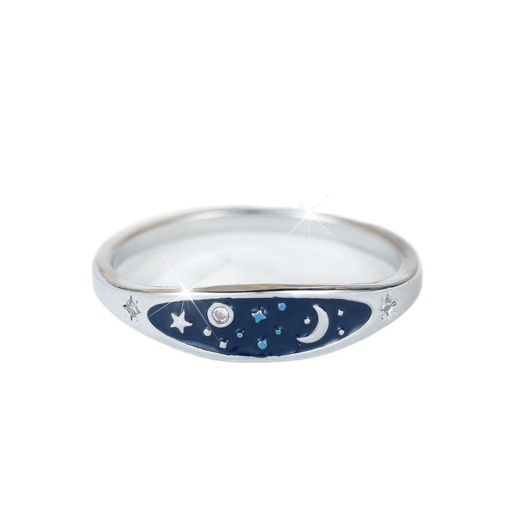 Starry Sky Moon & Star Enamel S925 Silver Ring, Dark Blue Enamel Minimalist Ring, 2 Colors Available