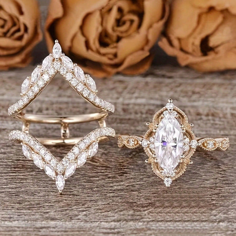 Marquise‑Cut V‑Shape 3‑Piece Stackable Ring Set, Three‑Tone Options