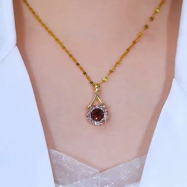 Red Center Stone With Pink Halo S925 Silver Gold‑Plated Necklace