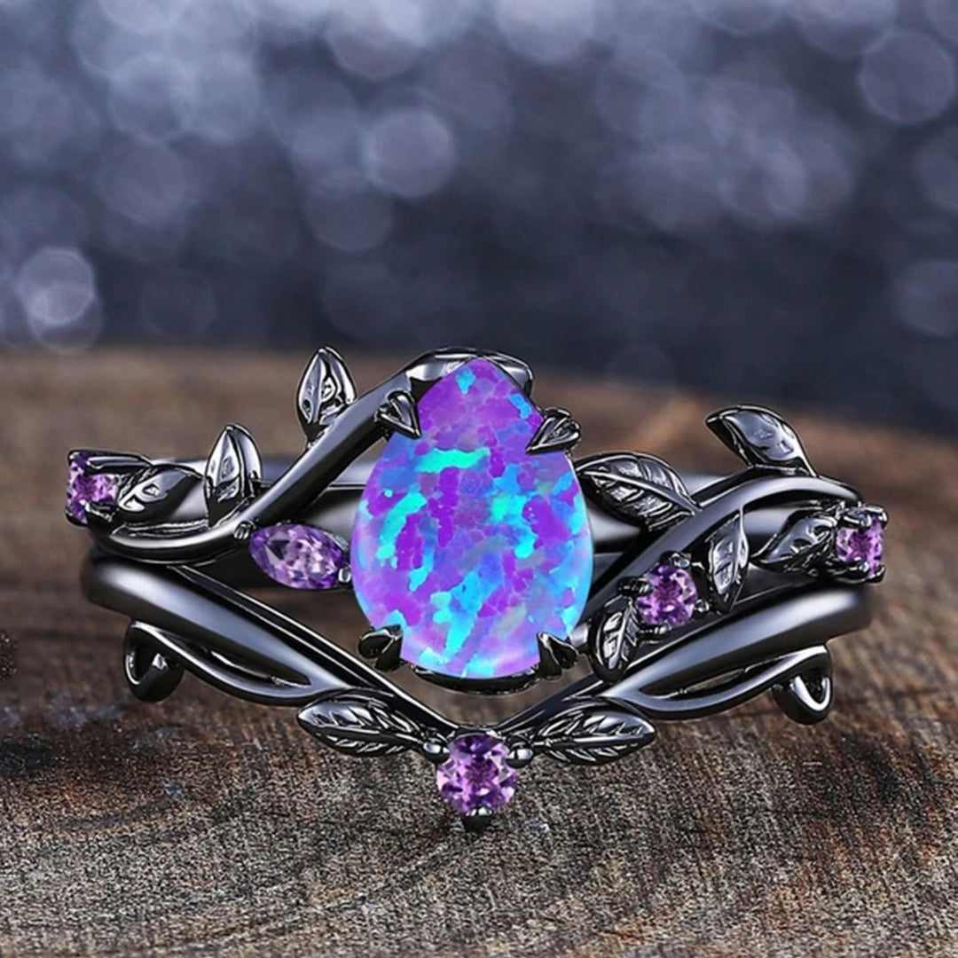 Black‑Plated Teardrop Opal Vine‑Shaped Ring With Purple Diamond