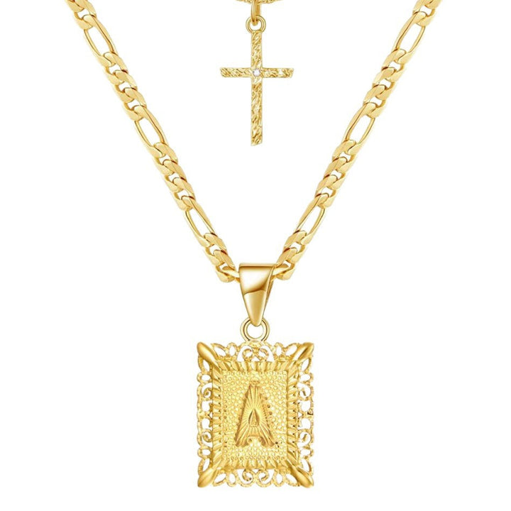 Vintage Engraved Initial Tag & Cross Layered Necklace (Personalized Light Luxury Street Style)