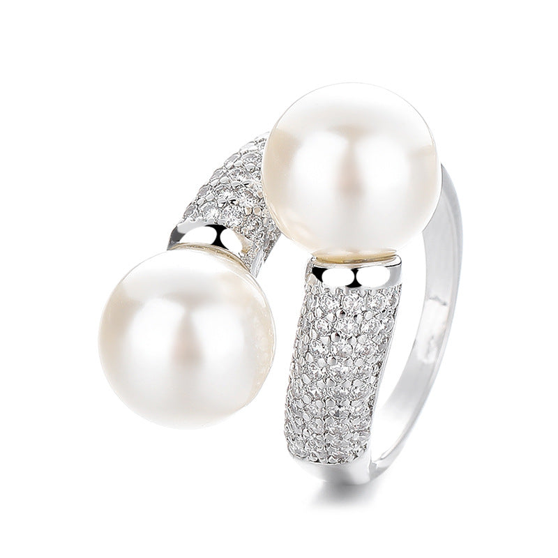 S925 Silver Double Pearl Open Ring, Luxury Paved Cross Pearl Ring for Women