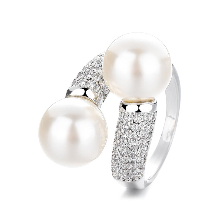 S925 Silver Double Pearl Open Ring, Luxury Paved Cross Pearl Ring for Women