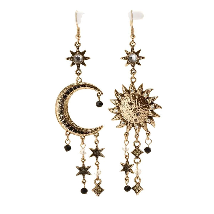 Asymmetric Sun & Moon Star Tassel S925 Silver Hook Earrings, Vintage Long Dangle Earrings with Stars & Gems, Gold / Silver / Antique Bronze Three Tones