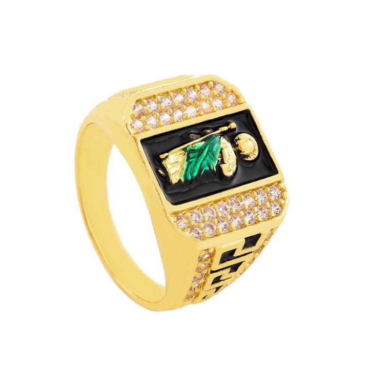 Green Robe Saint Paved Diamond Square Signet Ring, S925 Silver Gold Plated Western Religious Heavy Vintage Band For Men