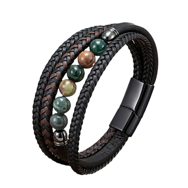 Natural Stone Beaded Braided Leather Men's Bracelet (Multi-Color Magnetic Clasp Wristband)