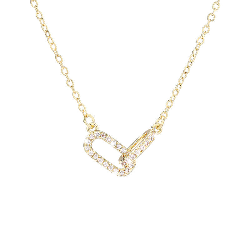 Interlocking Double Loop Rhinestone Necklace, S925 Sterling Silver Minimal Geometric Collarbone Chain, Gold & Silver Two-Tone Jewelry