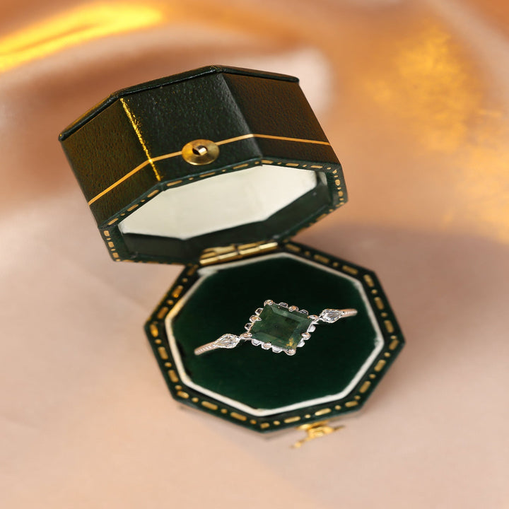 Square Moss Agate Vintage Milgrain Thin Ring, Forest Style Two-Tone Luxury Closed Dainty Daily Ring for Women