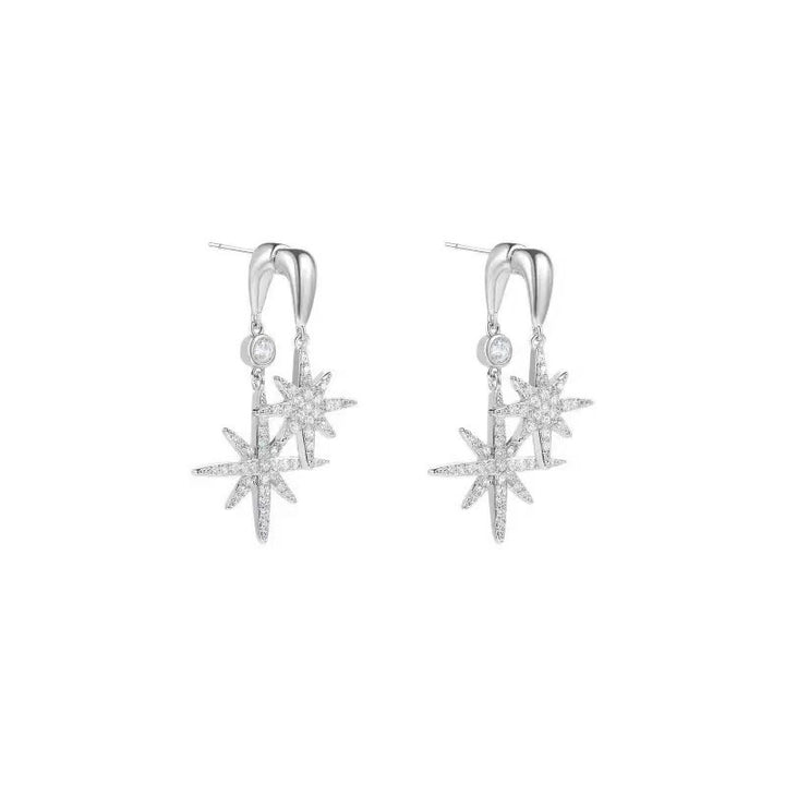 Double Octagram Paved Diamond S925 Silver Drop Earrings, Luxury Twin Star Long Earrings in Gold & Silver Tone