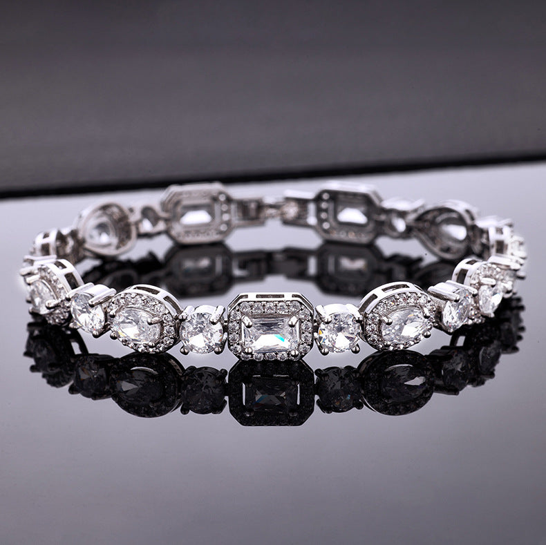 Square & Oval Halo Diamond Tennis Bracelet, Luxury European Full Diamond Gold-Plated Elegant Bracelet for Women