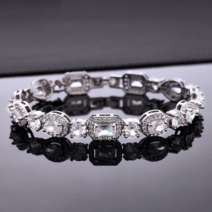 Square & Oval Halo Diamond Tennis Bracelet, Luxury European Full Diamond Gold-Plated Elegant Bracelet for Women