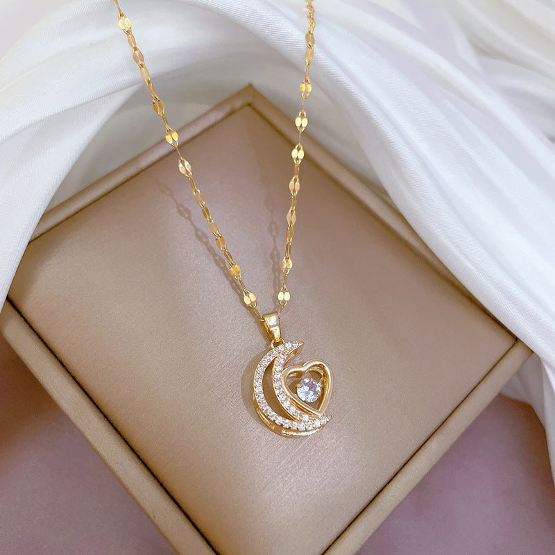 Gold Hollow Moon & Heart Pendant Necklace