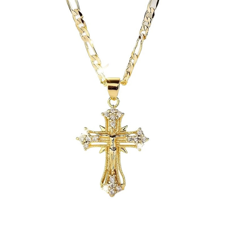Pavé Jesus Cross Figaro Chain Necklace (Luxury Vintage Religious Choker)