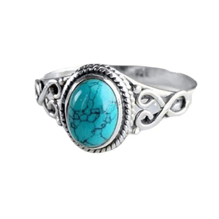 Vintage Turquoise Vines Carved Ring, 3-Tone Ethnic Oval Natural Stone Bohemian Ring for Women