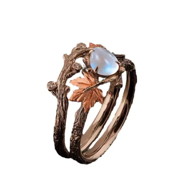 Two-Tone Vintage Branch Maple Leaf Moonstone Ring Set, Forest Style Artistic Stackable Closed Ring