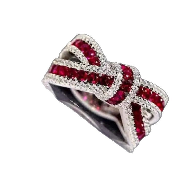 S925 Silver Interwoven Bow Color Gemstone Ring, Red & Blue Gem Pave‑Set Luxury Wide Band for Women