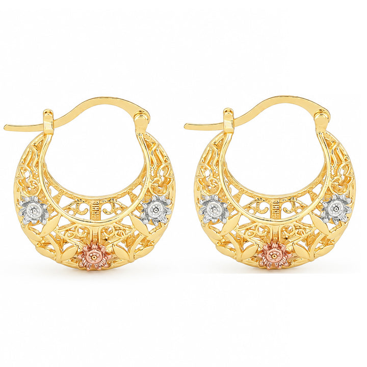 Tri-Tone Hollow Floral Leaf Hoop Earrings, Vintage Garden Style Two-Tone Leverback Earrings for Women