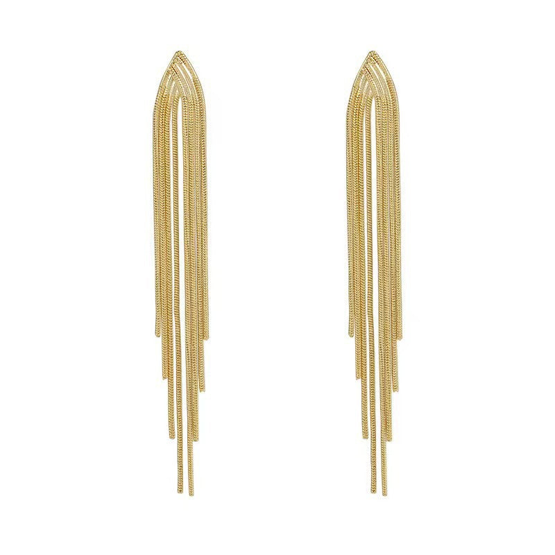 Multi-Layer Gold Tassel Long Earrings, Snake Chain Dangle Slimming Elegant Gold Drop Jewelry