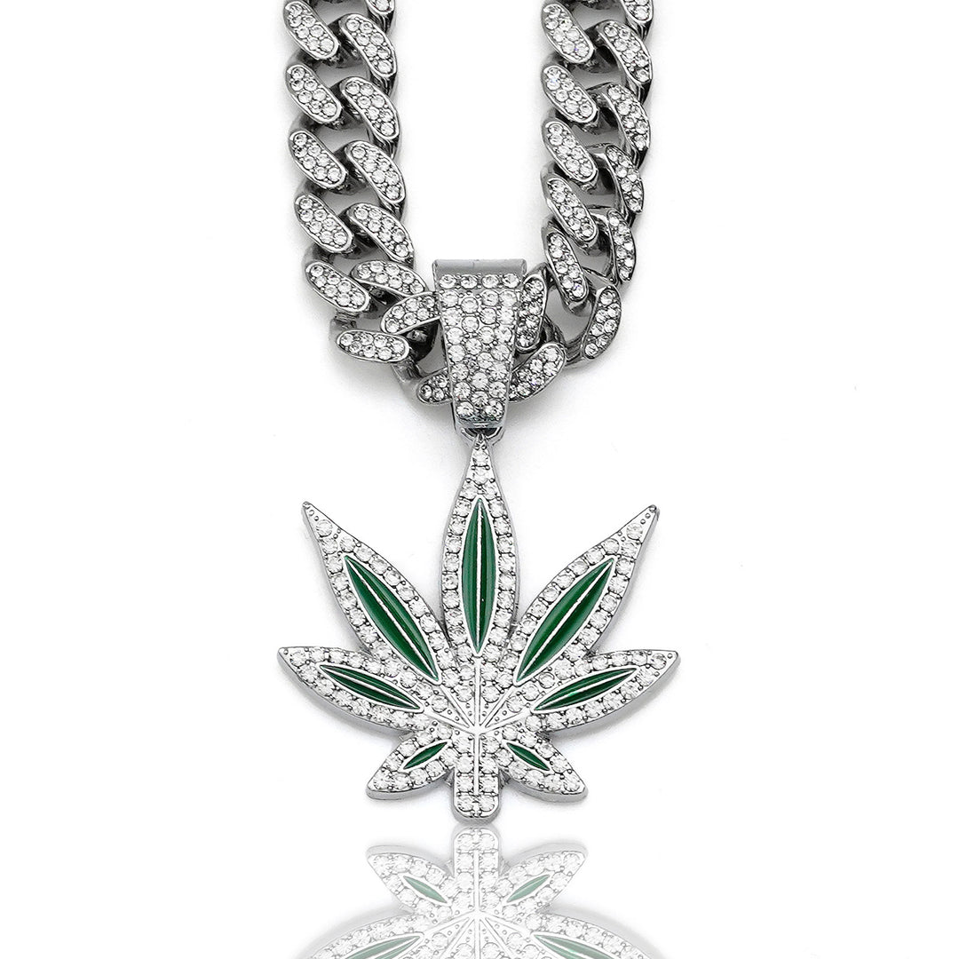Color Enamel Maple Leaf Iced Out Cuban Necklace, Hip Hop Chunky Diamond Chain Trendy Pendant Necklace for Men