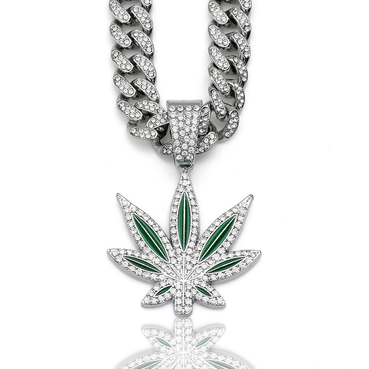 Color Enamel Maple Leaf Iced Out Cuban Necklace, Hip Hop Chunky Diamond Chain Trendy Pendant Necklace for Men