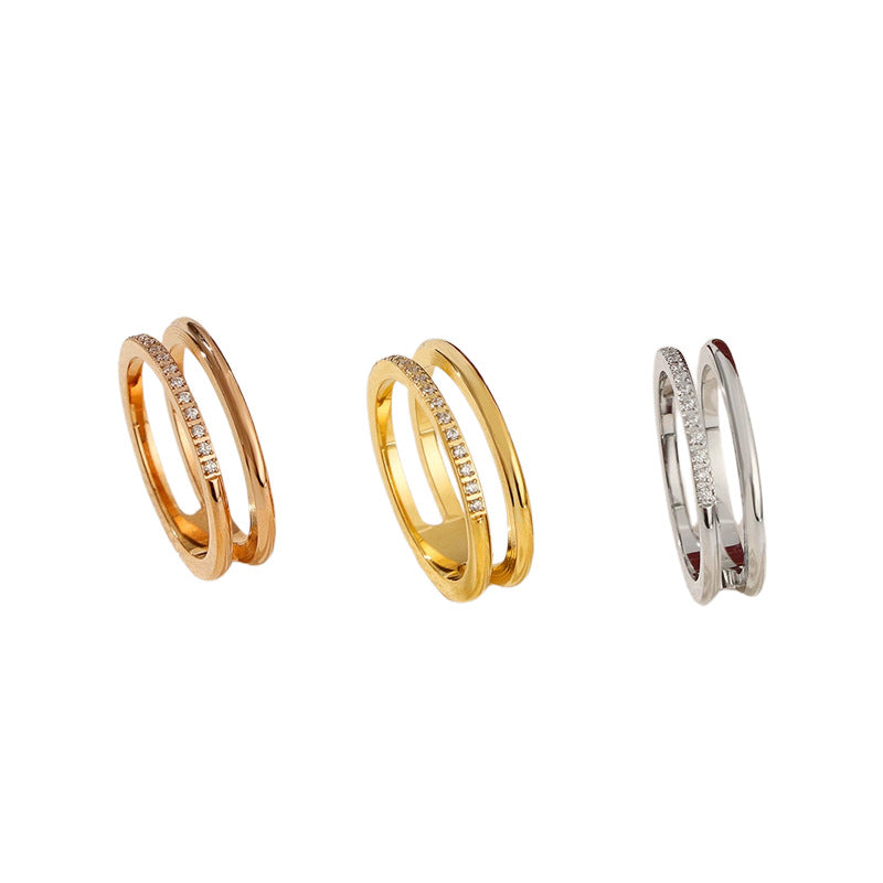 Double Intertwined Half Pave Thin Ring, 3 Colors Dainty Stacking Band For Women
