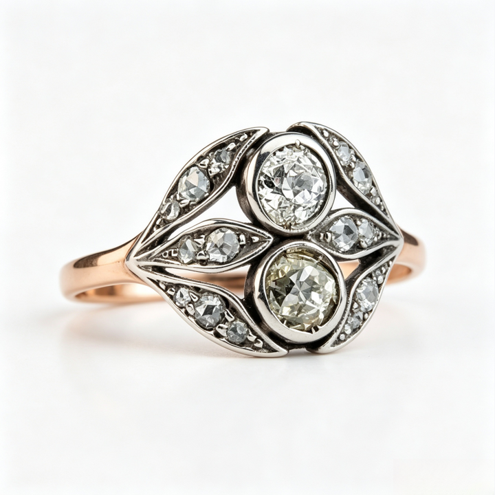 Edwardian Vintage Dual Center Stone Leaf Two-Tone Ring, Solid S925 Silver Rose Gold & Antiqued White Engagement Band