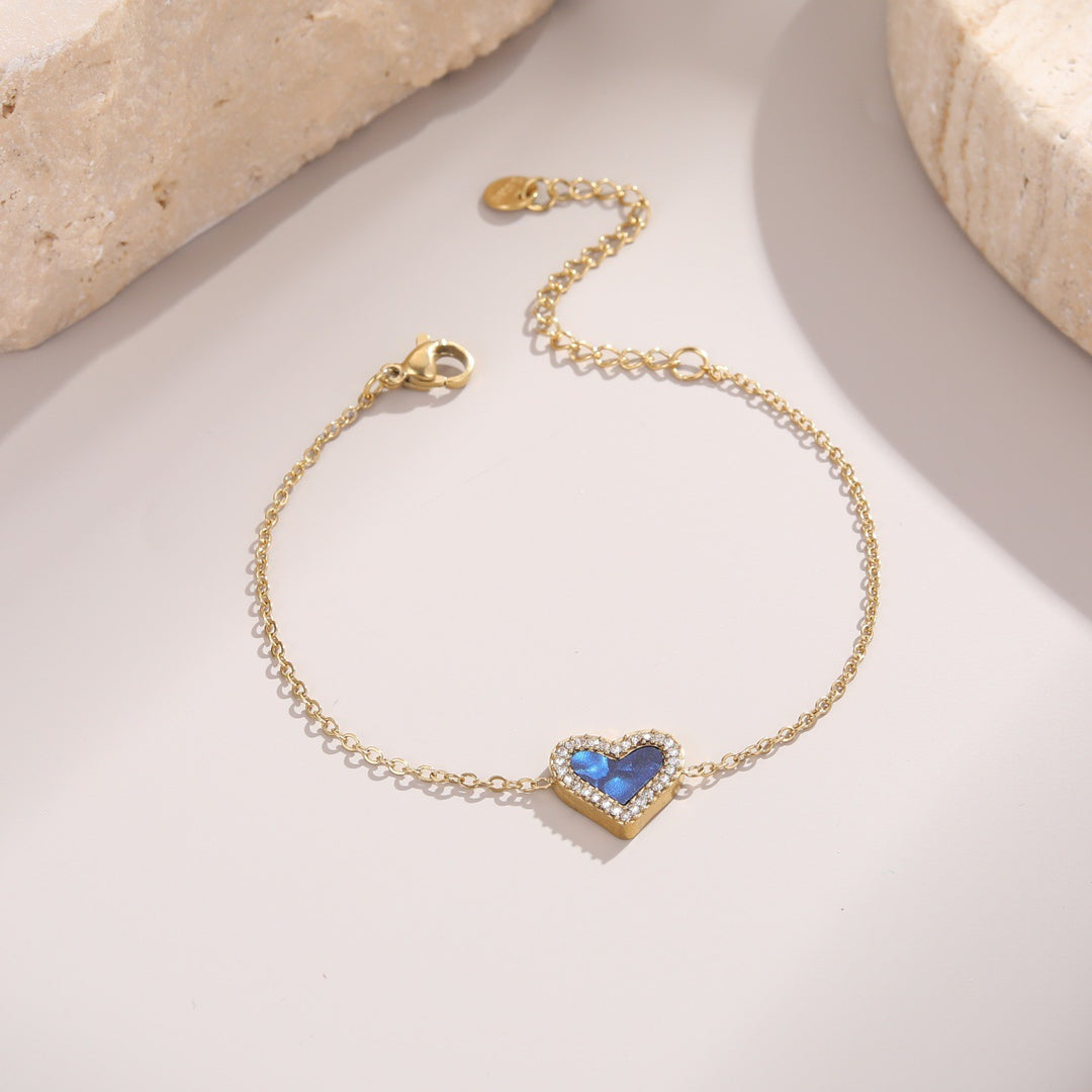 White Shell & Diamond Heart Pendant Necklace & Bracelet Set (Elegant Daily Jewelry Set)