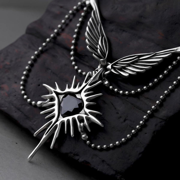 Vintage Wing Black Heart Star Necklace, Heavy Multi-Chain Wing Pendant, Antique Gold & Antique Silver Options