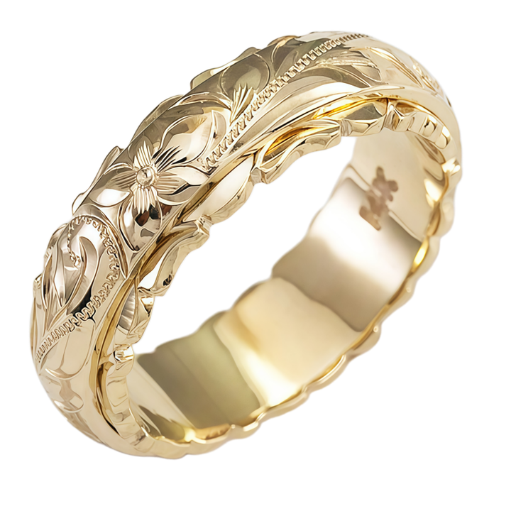 Hawaiian Engraved Floral Gold Band Ring (Vintage Court Style Wide Ring)