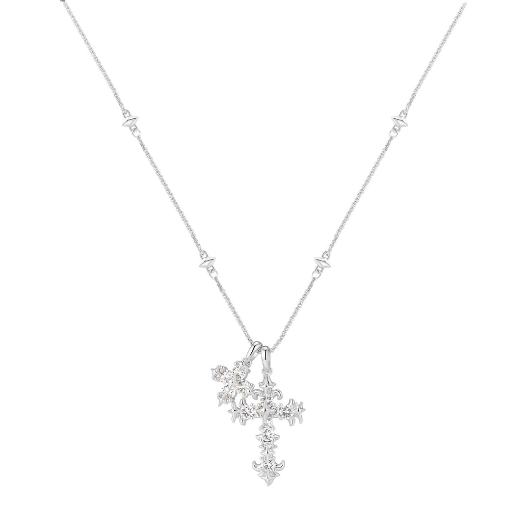 Vintage Double Cross Diamond Necklace, S925 Sterling Silver Gothic Twin Cross Pendant, Gold & Silver Two-Tone Unique Clavicle Chain