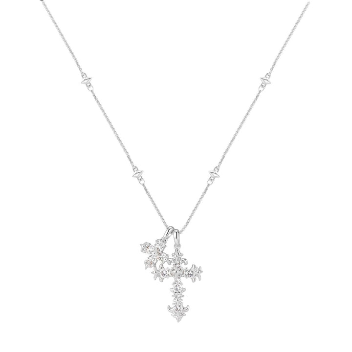 Vintage Double Cross Diamond Necklace, S925 Sterling Silver Gothic Twin Cross Pendant, Gold & Silver Two-Tone Unique Clavicle Chain