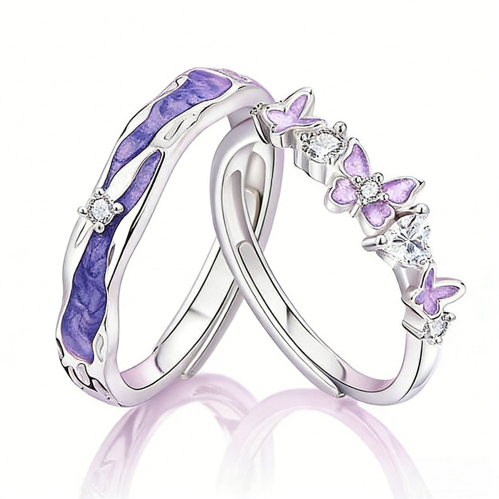 Purple‑Tone Butterfly Couple Open Ring Set
