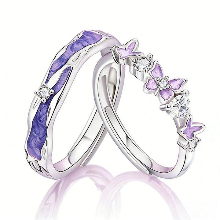 Purple‑Tone Butterfly Couple Open Ring Set