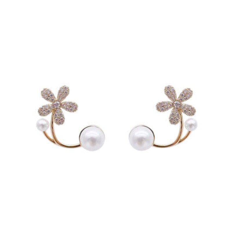 Pavé Diamond Flower Pearl S925 Silver Stud Earrings, Unique Curved Double Pearl Floral Jewelry