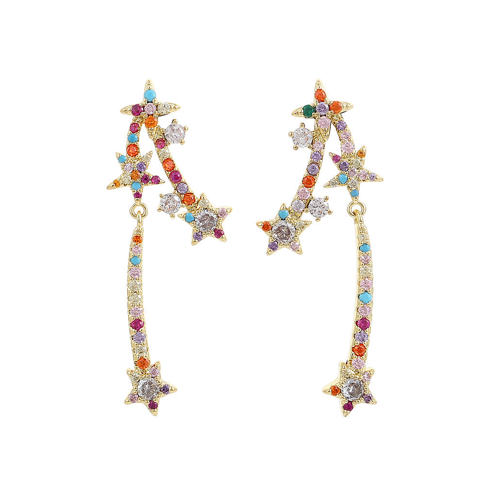 Asymmetric Shooting Star Diamond Drop Earrings, 3 Colors Long Fringe Star Jewelry