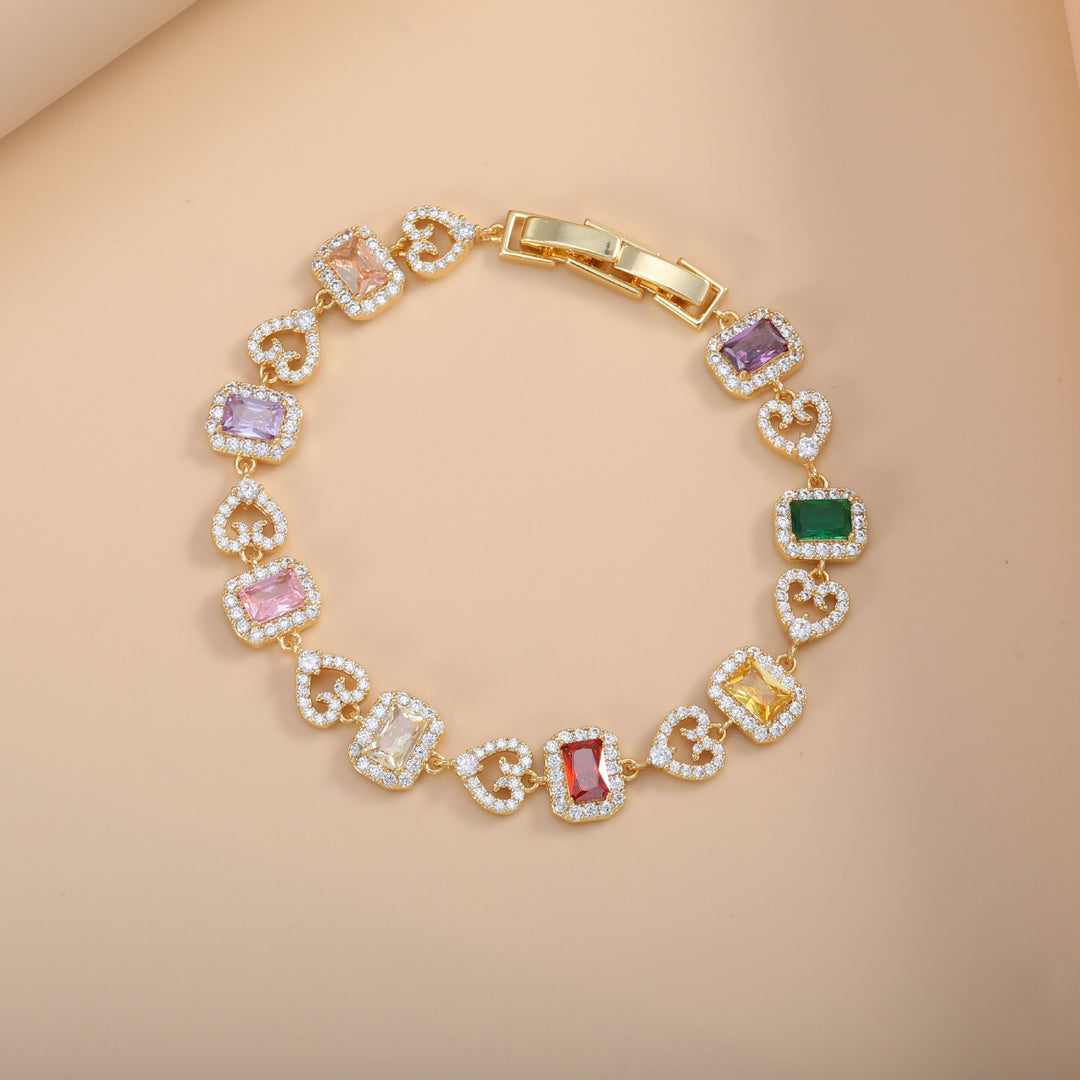 Heart & Rectangle Alternating Luxury Bracelet, 3 Styles Silver/Gold/Multi-Color Gem Women Jewelry